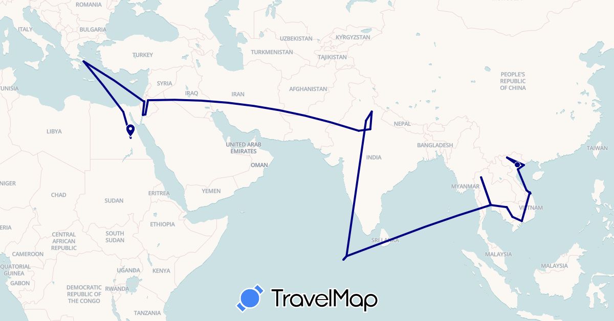 TravelMap itinerary: driving in Egypt, Greece, Israel, India, Jordan, Cambodia, Maldives, Palestinian Territories, Thailand, Vietnam (Africa, Asia, Europe)